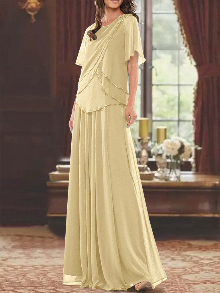 Princess A-Line Floor-Length Mother of the Bride Dress with Jewel Neck Short Sleeves Pleats & Beading-BMbridal.UK