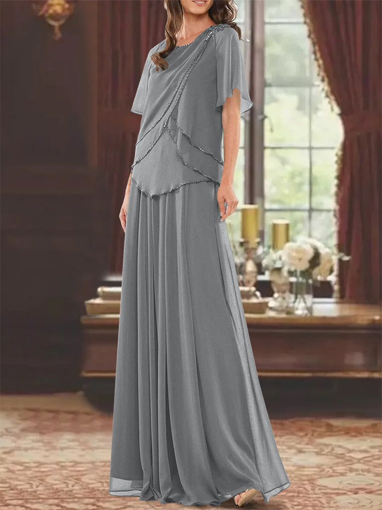 Princess A-Line Floor-Length Mother of the Bride Dress with Jewel Neck Short Sleeves Pleats & Beading-BMbridal.UK