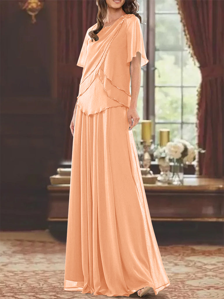 Princess A-Line Floor-Length Mother of the Bride Dress with Jewel Neck Short Sleeves Pleats & Beading-BMbridal.UK