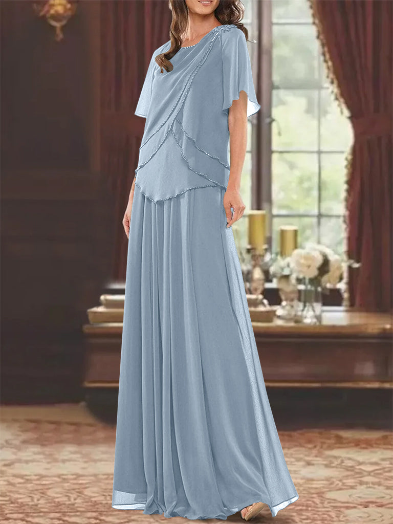 Princess A-Line Floor-Length Mother of the Bride Dress with Jewel Neck Short Sleeves Pleats & Beading-BMbridal.UK
