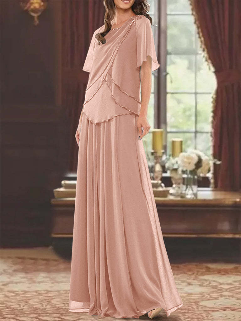 Princess A-Line Floor-Length Mother of the Bride Dress with Jewel Neck Short Sleeves Pleats & Beading-BMbridal.UK