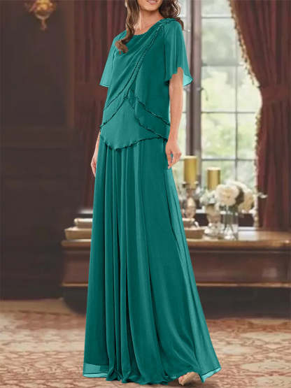 Princess A-Line Floor-Length Mother of the Bride Dress with Jewel Neck Short Sleeves Pleats & Beading-BMbridal.UK