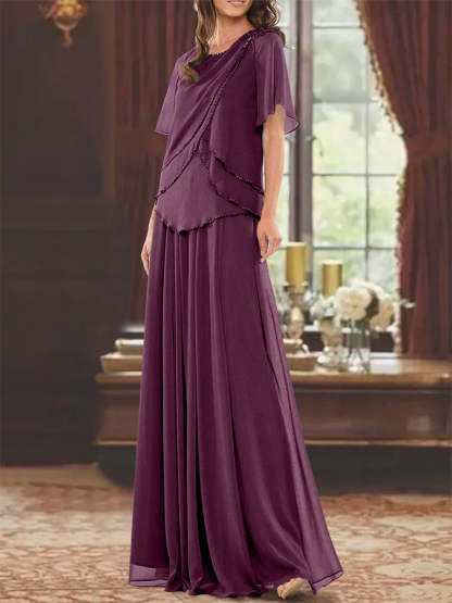 Princess A-Line Floor-Length Mother of the Bride Dress with Jewel Neck Short Sleeves Pleats & Beading-BMbridal.UK
