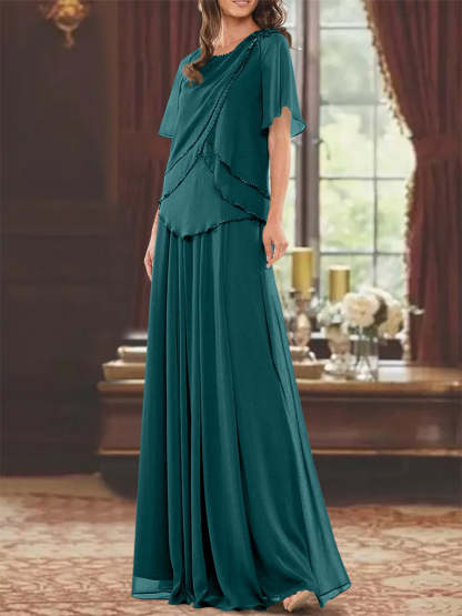 Princess A-Line Floor-Length Mother of the Bride Dress with Jewel Neck Short Sleeves Pleats & Beading-BMbridal.UK
