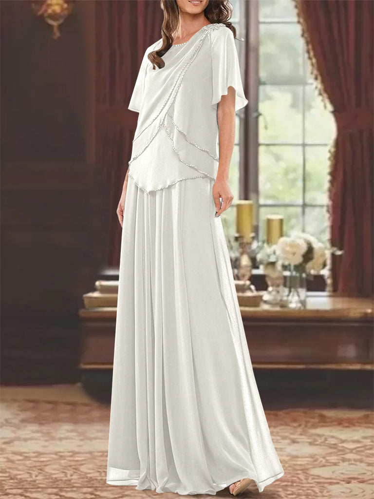 Princess A-Line Floor-Length Mother of the Bride Dress with Jewel Neck Short Sleeves Pleats & Beading-BMbridal.UK
