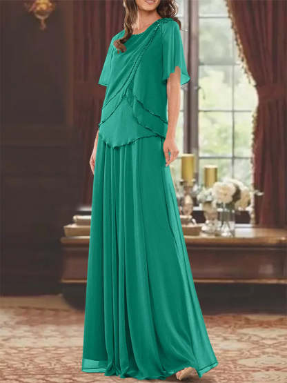 Princess A-Line Floor-Length Mother of the Bride Dress with Jewel Neck Short Sleeves Pleats & Beading-BMbridal.UK