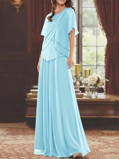 Princess A-Line Floor-Length Mother of the Bride Dress with Jewel Neck Short Sleeves Pleats & Beading-BMbridal.UK