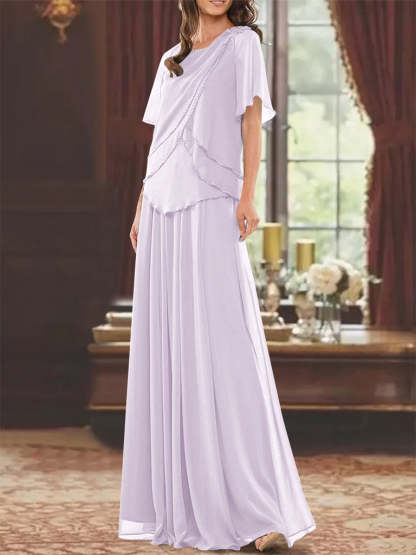 Princess A-Line Floor-Length Mother of the Bride Dress with Jewel Neck Short Sleeves Pleats & Beading-BMbridal.UK