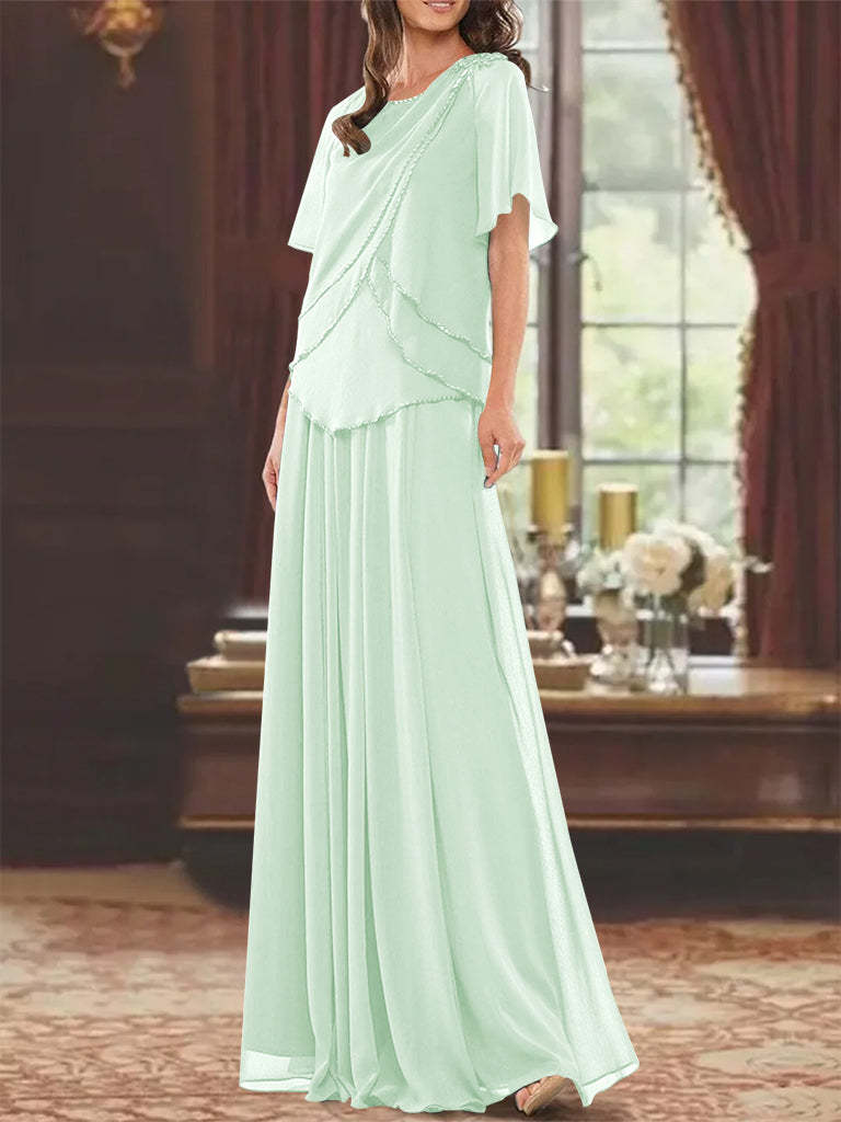 Princess A-Line Floor-Length Mother of the Bride Dress with Jewel Neck Short Sleeves Pleats & Beading-BMbridal.UK