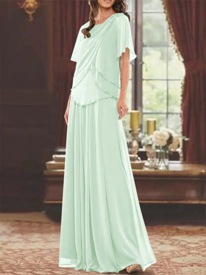Princess A-Line Floor-Length Mother of the Bride Dress with Jewel Neck Short Sleeves Pleats & Beading-BMbridal.UK