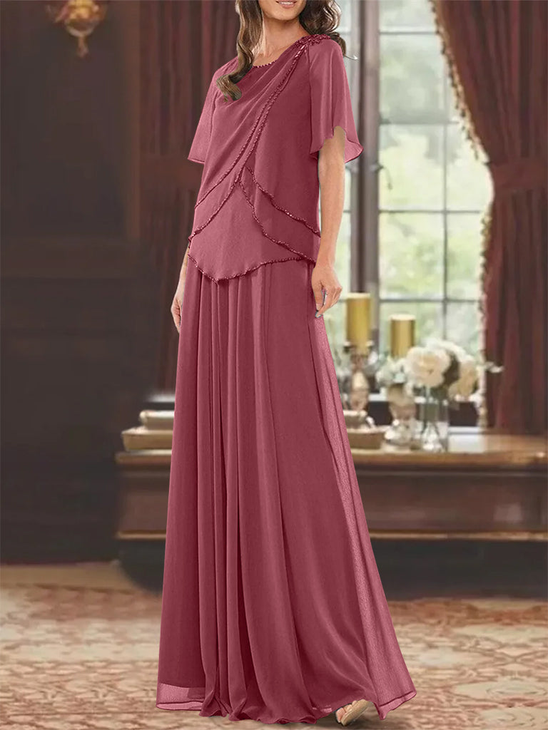 Princess A-Line Floor-Length Mother of the Bride Dress with Jewel Neck Short Sleeves Pleats & Beading-BMbridal.UK