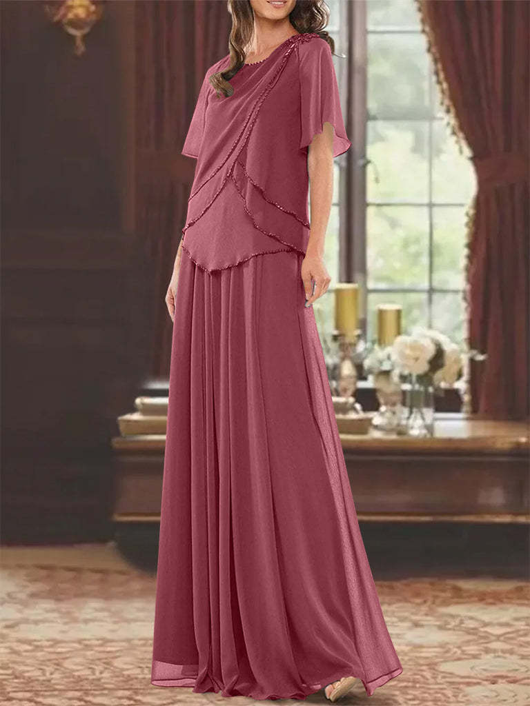 Princess A-Line Floor-Length Mother of the Bride Dress with Jewel Neck Short Sleeves Pleats & Beading-BMbridal.UK