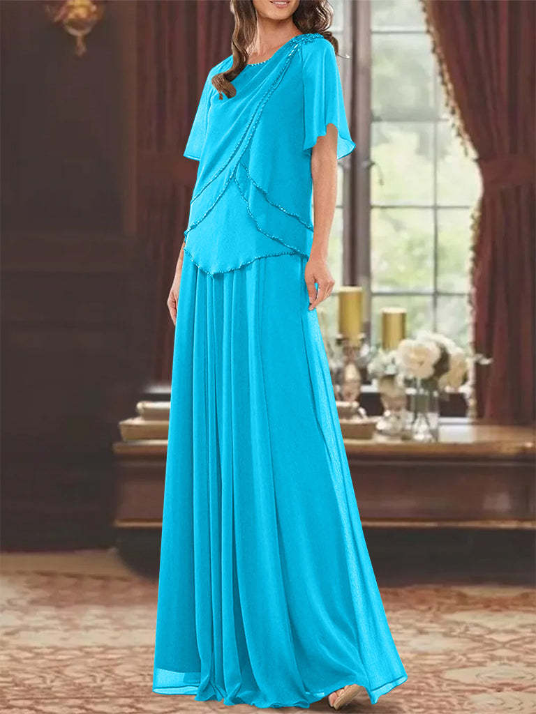 Princess A-Line Floor-Length Mother of the Bride Dress with Jewel Neck Short Sleeves Pleats & Beading-BMbridal.UK