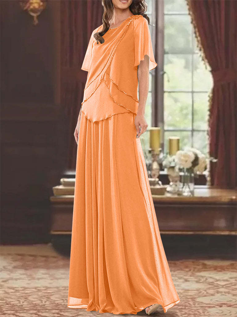 Princess A-Line Floor-Length Mother of the Bride Dress with Jewel Neck Short Sleeves Pleats & Beading-BMbridal.UK