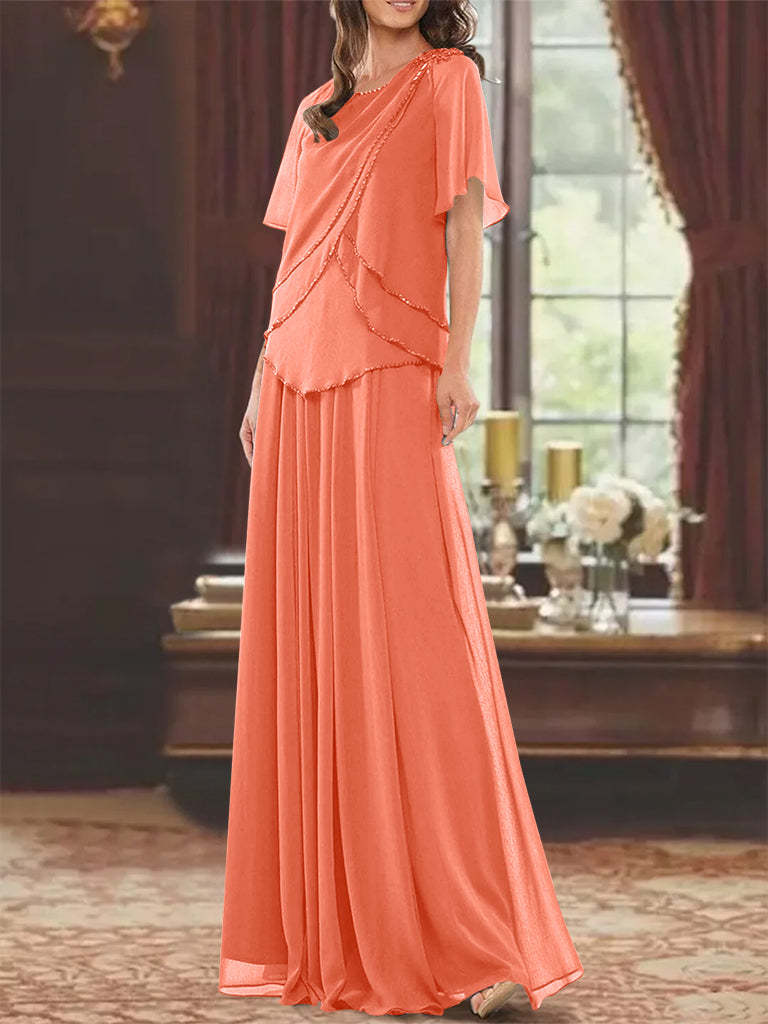 Princess A-Line Floor-Length Mother of the Bride Dress with Jewel Neck Short Sleeves Pleats & Beading-BMbridal.UK