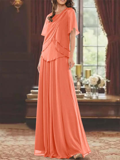 Princess A-Line Floor-Length Mother of the Bride Dress with Jewel Neck Short Sleeves Pleats & Beading-BMbridal.UK
