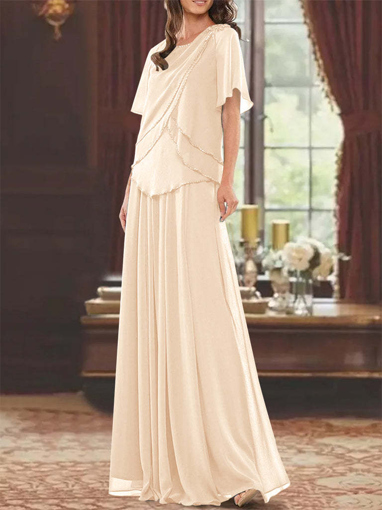 Princess A-Line Floor-Length Mother of the Bride Dress with Jewel Neck Short Sleeves Pleats & Beading-BMbridal.UK
