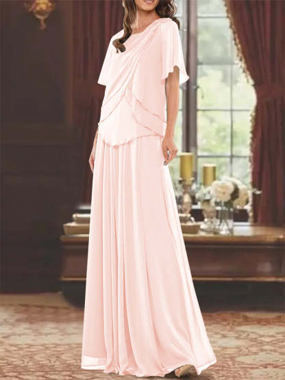 Princess A-Line Floor-Length Mother of the Bride Dress with Jewel Neck Short Sleeves Pleats & Beading-BMbridal.UK