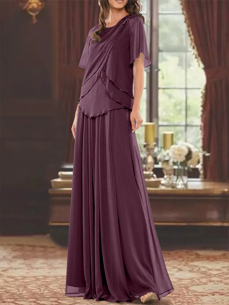 Princess A-Line Floor-Length Mother of the Bride Dress with Jewel Neck Short Sleeves Pleats & Beading-BMbridal.UK
