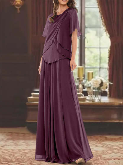 Princess A-Line Floor-Length Mother of the Bride Dress with Jewel Neck Short Sleeves Pleats & Beading-BMbridal.UK