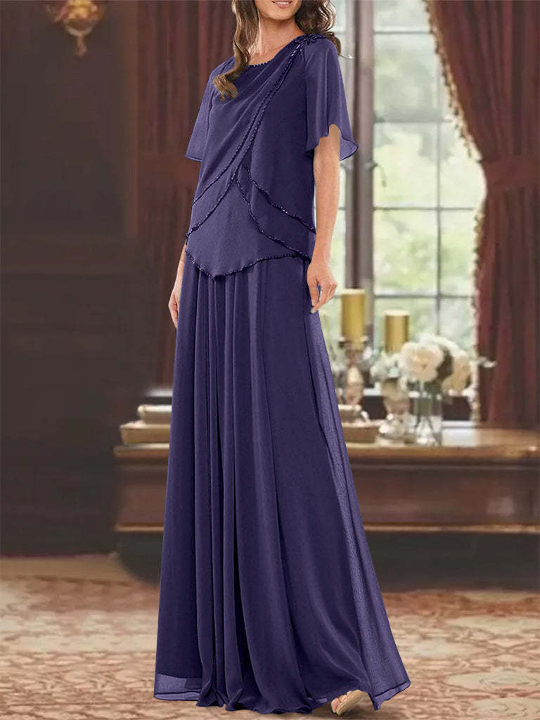 Princess A-Line Floor-Length Mother of the Bride Dress with Jewel Neck Short Sleeves Pleats & Beading-BMbridal.UK