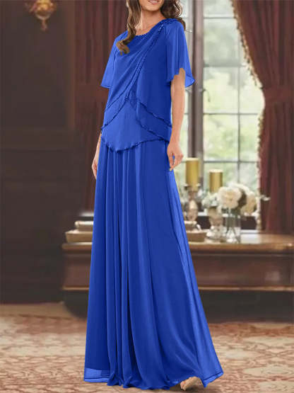 Princess A-Line Floor-Length Mother of the Bride Dress with Jewel Neck Short Sleeves Pleats & Beading-BMbridal.UK