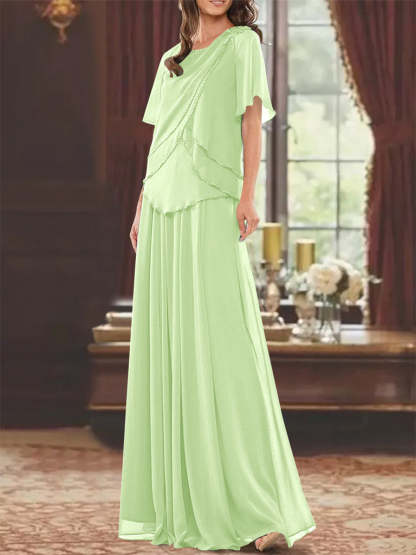 Princess A-Line Floor-Length Mother of the Bride Dress with Jewel Neck Short Sleeves Pleats & Beading-BMbridal.UK