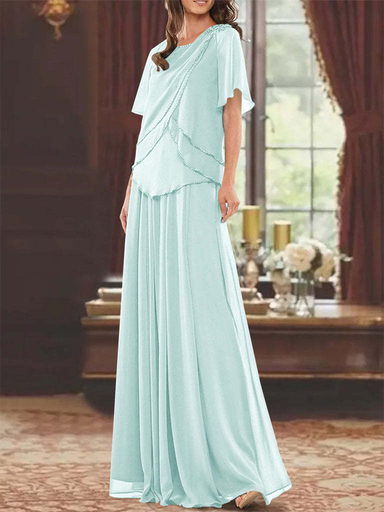 Princess A-Line Floor-Length Mother of the Bride Dress with Jewel Neck Short Sleeves Pleats & Beading-BMbridal.UK
