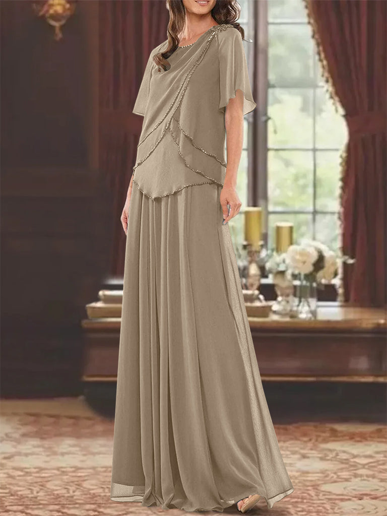 Princess A-Line Floor-Length Mother of the Bride Dress with Jewel Neck Short Sleeves Pleats & Beading-BMbridal.UK