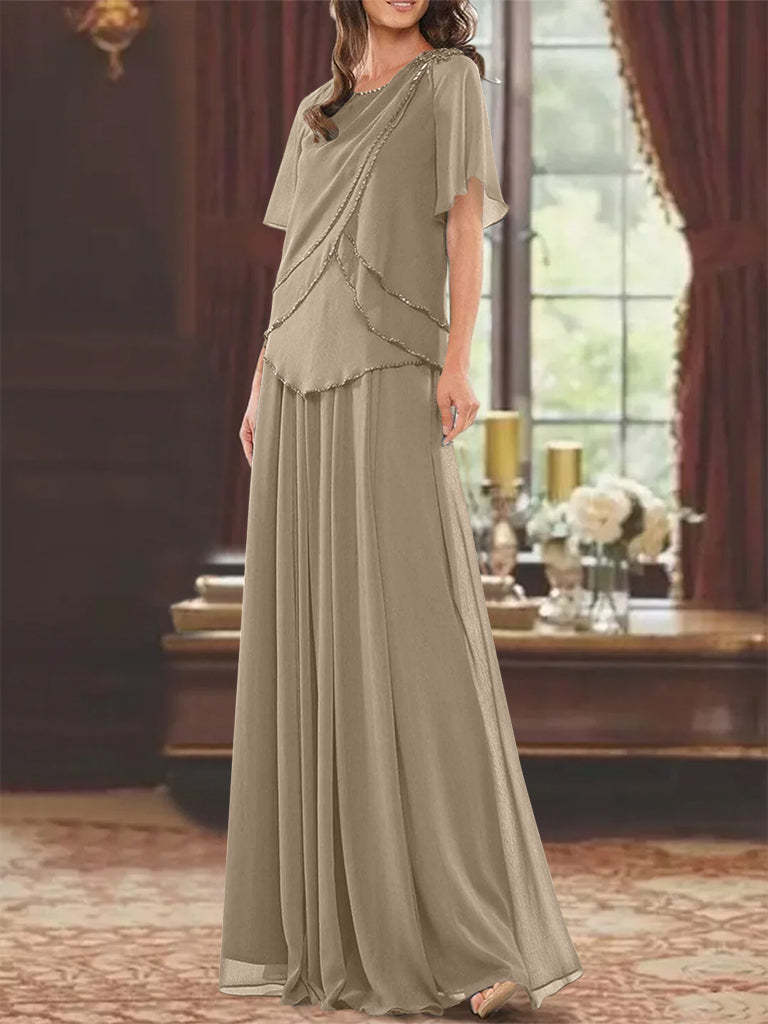 Princess A-Line Floor-Length Mother of the Bride Dress with Jewel Neck Short Sleeves Pleats & Beading-BMbridal.UK