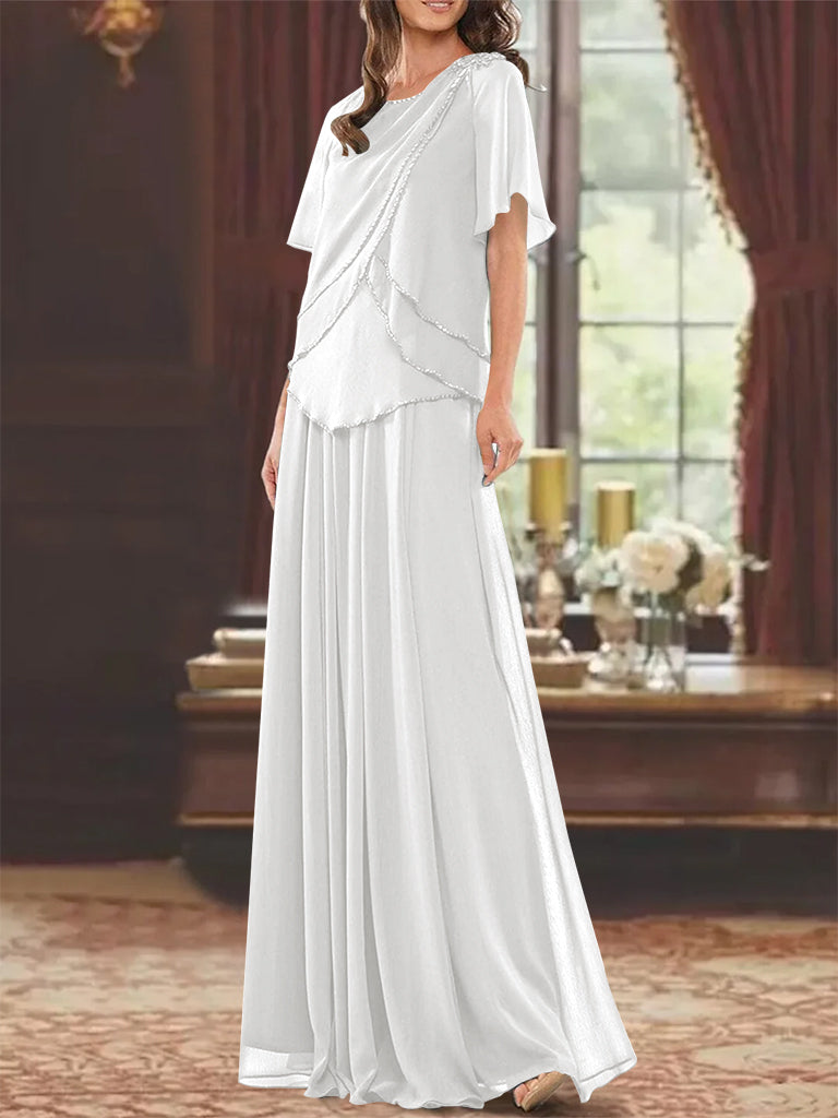 Princess A-Line Floor-Length Mother of the Bride Dress with Jewel Neck Short Sleeves Pleats & Beading-BMbridal.UK