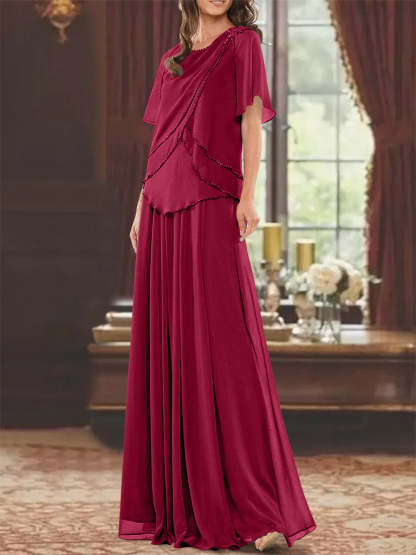 Princess A-Line Floor-Length Mother of the Bride Dress with Jewel Neck Short Sleeves Pleats & Beading-BMbridal.UK