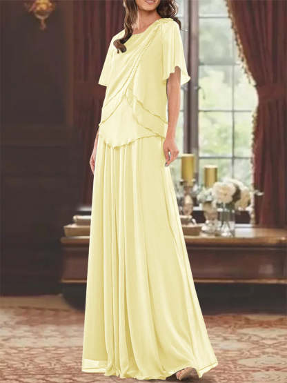 Princess A-Line Floor-Length Mother of the Bride Dress with Jewel Neck Short Sleeves Pleats & Beading-BMbridal.UK