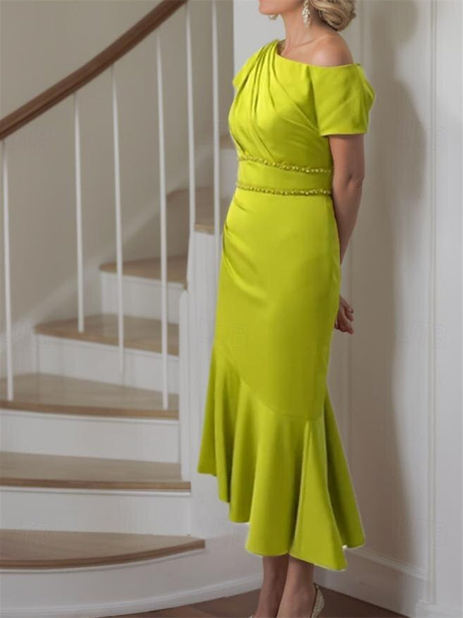 One-Shoulder Tea-Length Charmeuse Dress with Short Sleeves and Straps for the Mother of the Bride
