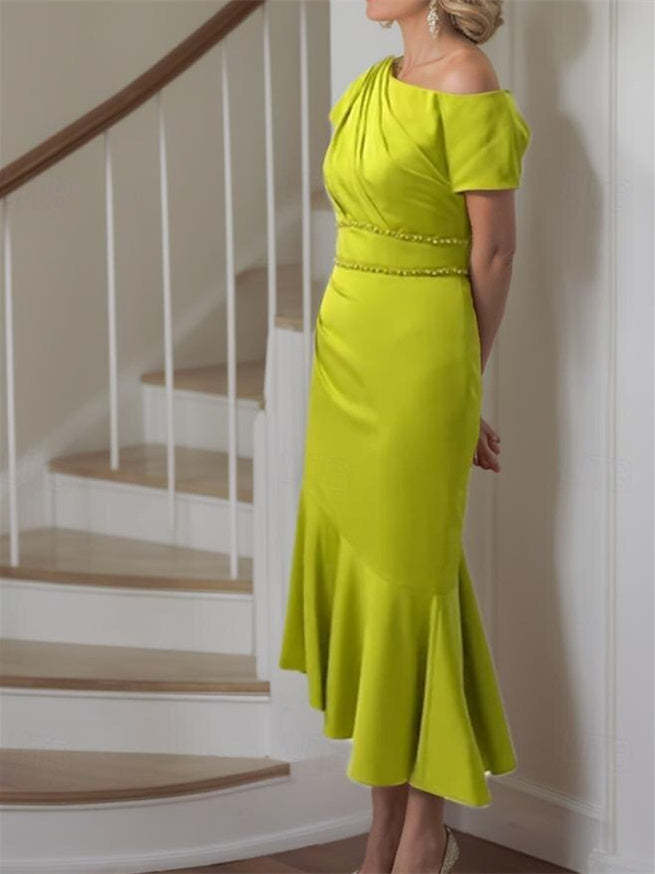 One-Shoulder Tea-Length Charmeuse Dress with Short Sleeves and Straps for the Mother of the Bride