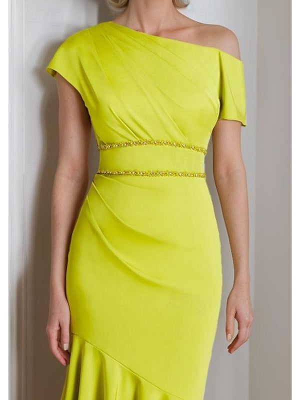 One-Shoulder Tea-Length Charmeuse Dress with Short Sleeves and Straps for the Mother of the Bride