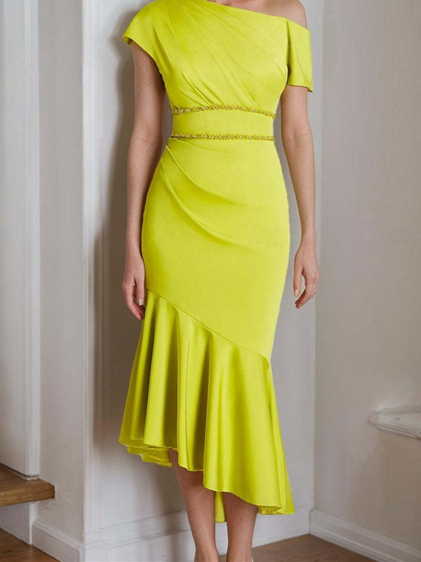 One-Shoulder Tea-Length Charmeuse Dress with Short Sleeves and Straps for the Mother of the Bride