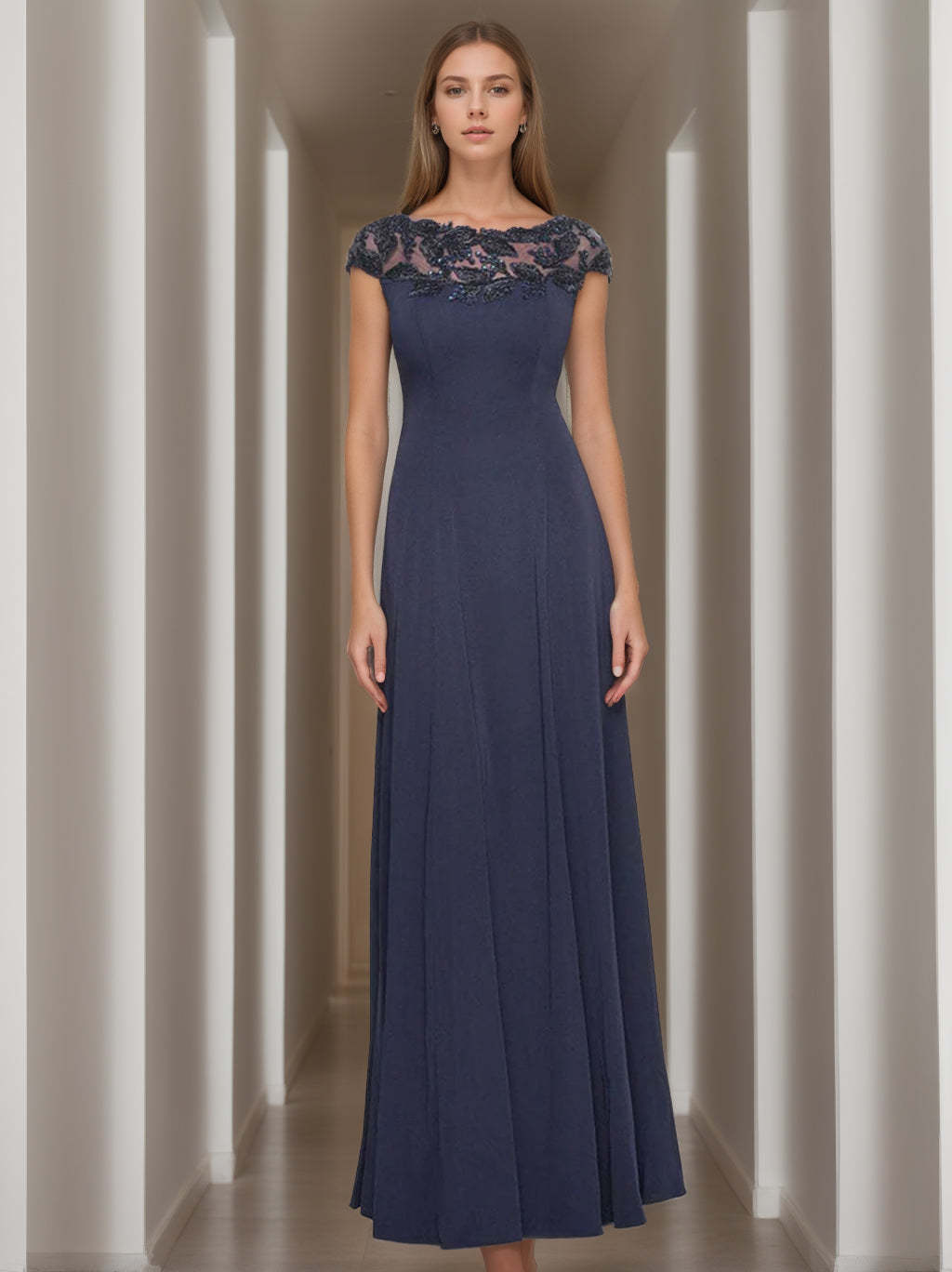 Short Sleeve Floor-Length A-Line Princess Jewel Neck Mother of the Bride Dress with Appliques
