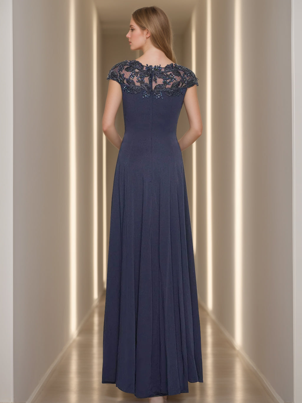 Short Sleeve Floor-Length A-Line Princess Jewel Neck Mother of the Bride Dress with Appliques
