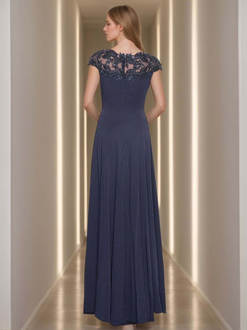 Short Sleeve Floor-Length A-Line Princess Jewel Neck Mother of the Bride Dress with Appliques