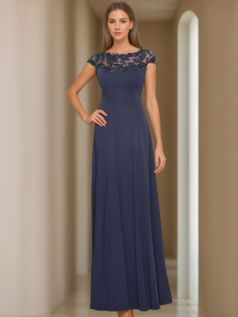 Short Sleeve Floor-Length A-Line Princess Jewel Neck Mother of the Bride Dress with Appliques