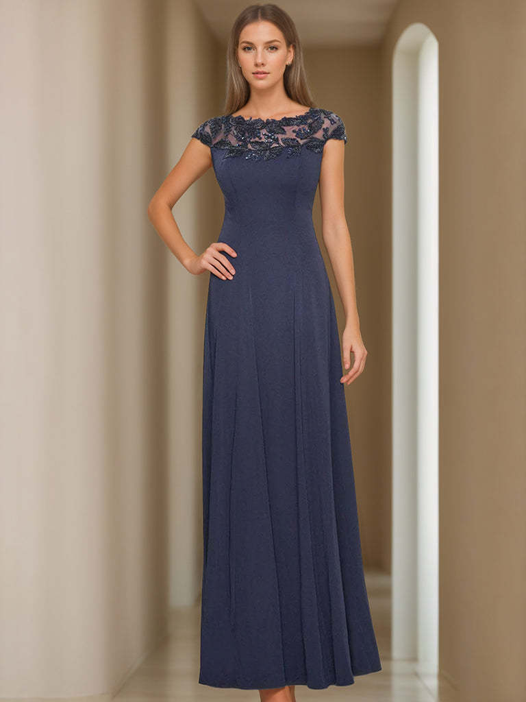 Short Sleeve Floor-Length A-Line Princess Jewel Neck Mother of the Bride Dress with Appliques