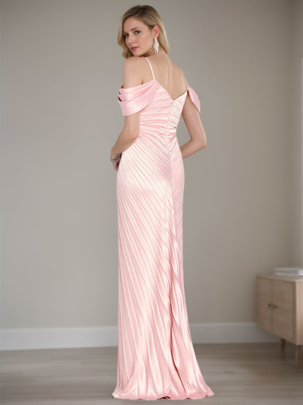 Off-the-Shoulder Scoop Neck Sheath/Column Floor-Length Mother of The Bride Dress With Ruffles and Short Sleeves-BMbridal.UK