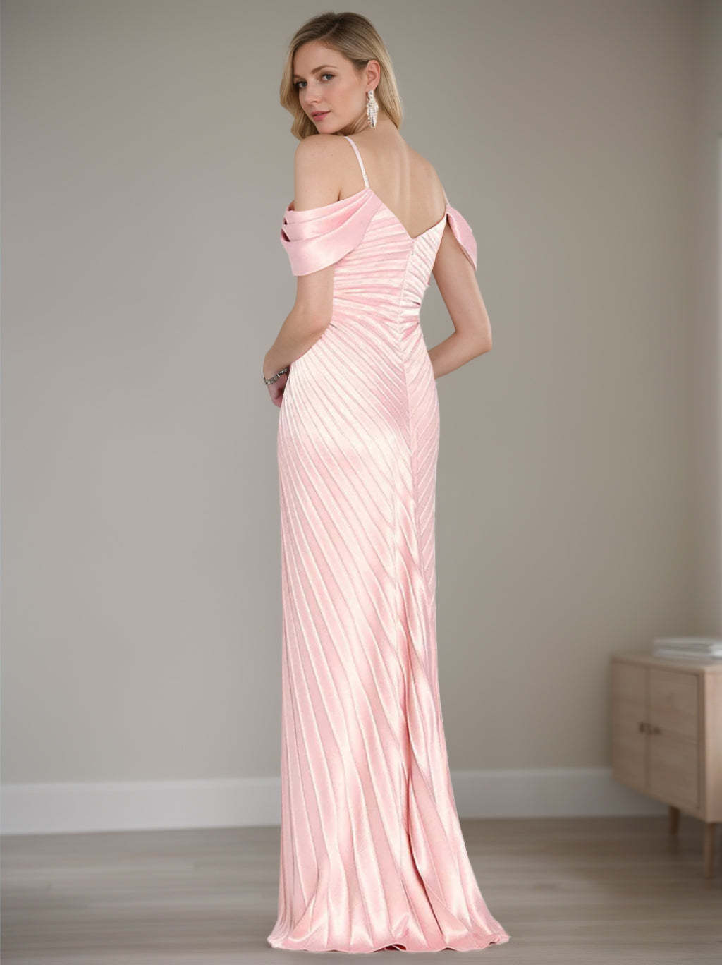 Off-the-Shoulder Scoop Neck Sheath/Column Floor-Length Mother of The Bride Dress With Ruffles and Short Sleeves-BMbridal.UK