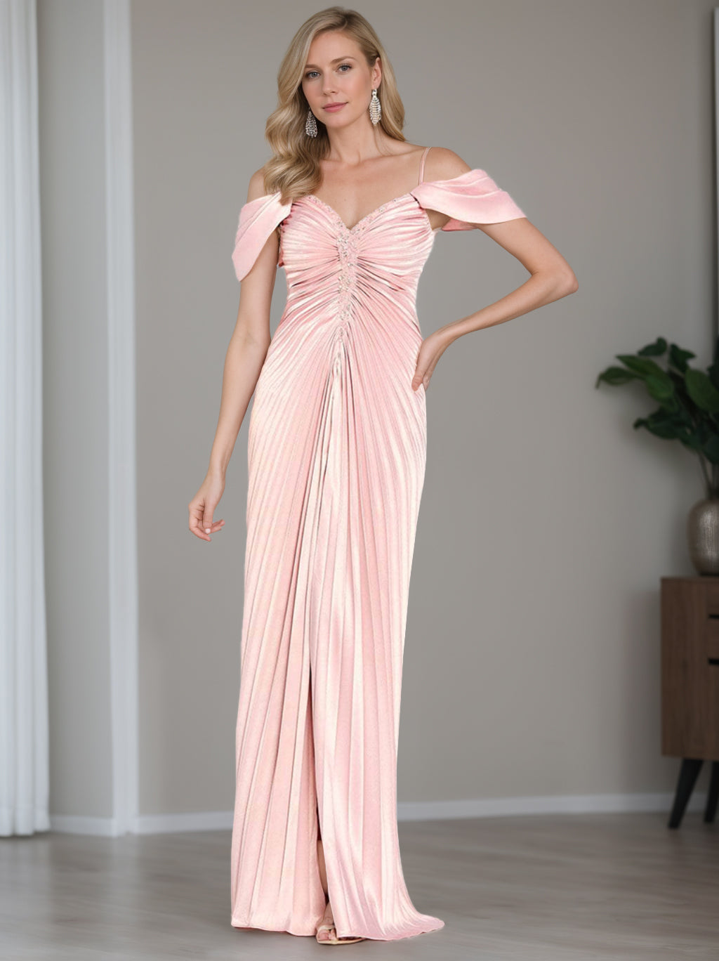 Off-the-Shoulder Scoop Neck Sheath/Column Floor-Length Mother of The Bride Dress With Ruffles and Short Sleeves-BMbridal.UK