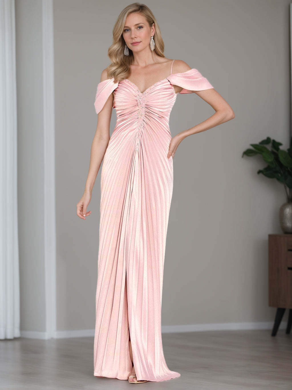 Off-the-Shoulder Scoop Neck Sheath/Column Floor-Length Mother of The Bride Dress With Ruffles and Short Sleeves-BMbridal.UK