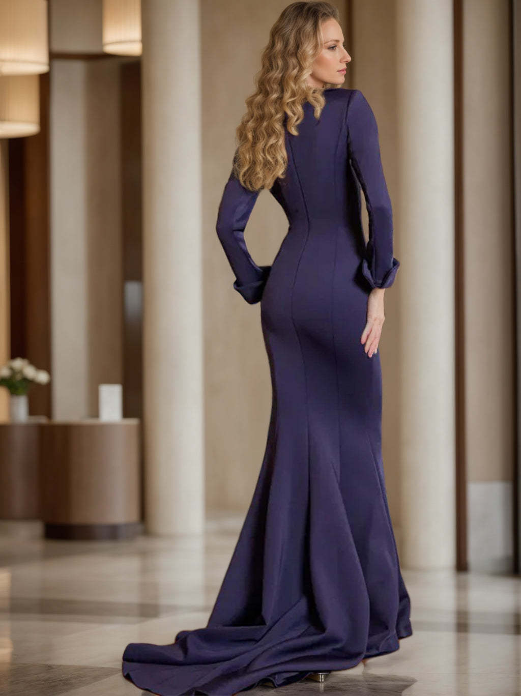 Floor-Length V-Neck Sheath Dress With Long Sleeves and Pleats for the Mother of the Bride
