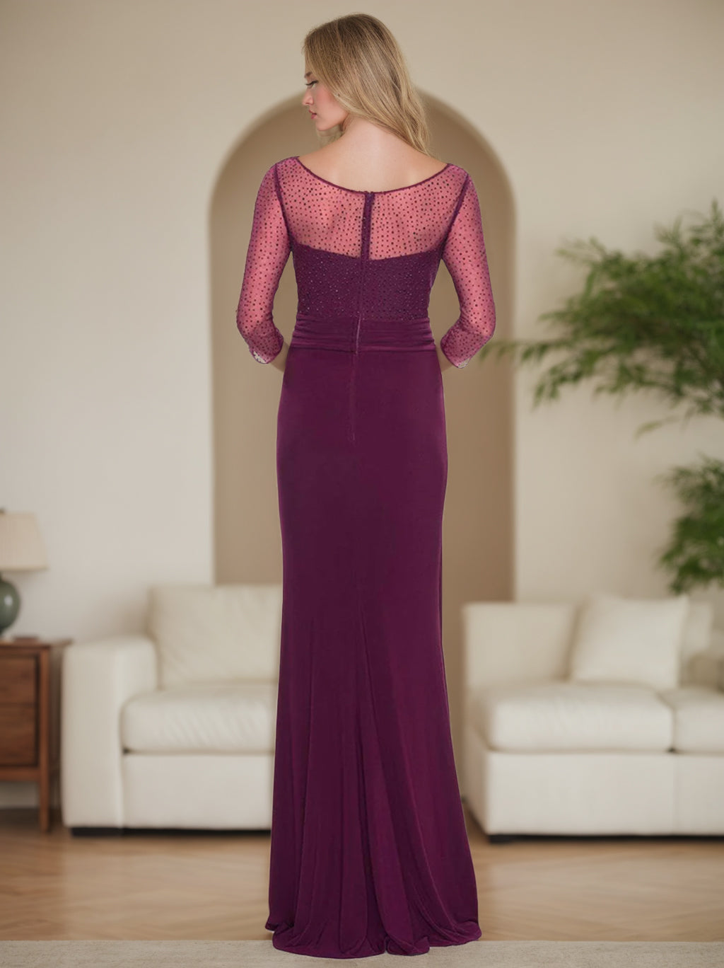 V-Neck Floor-Length Mother of the Bride Dress with Rhinestones Ruched Details and Ruffles