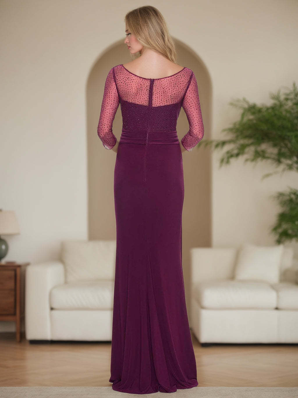 V-Neck Floor-Length Mother of the Bride Dress with Rhinestones Ruched Details and Ruffles