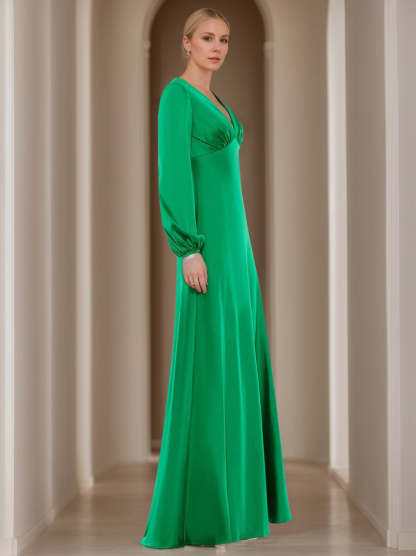 V-Neck A-Line Princess Floor-Length Mother of the Bride Dress with Long Sleeves and Ruffles